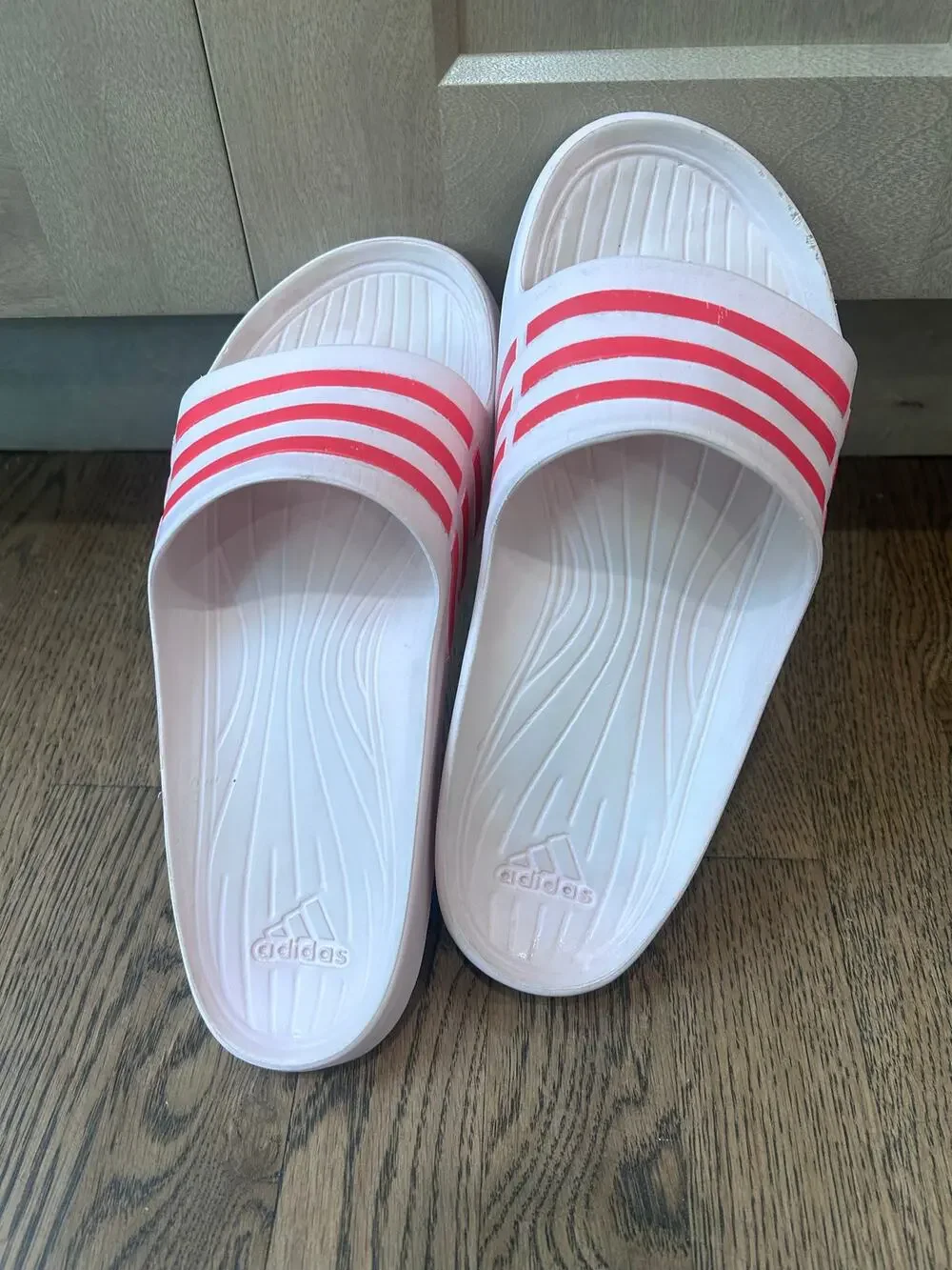 Adidas Duramo Slide Sandals White Pink 3 Stripe Sport Slip On Slides Women's 10
